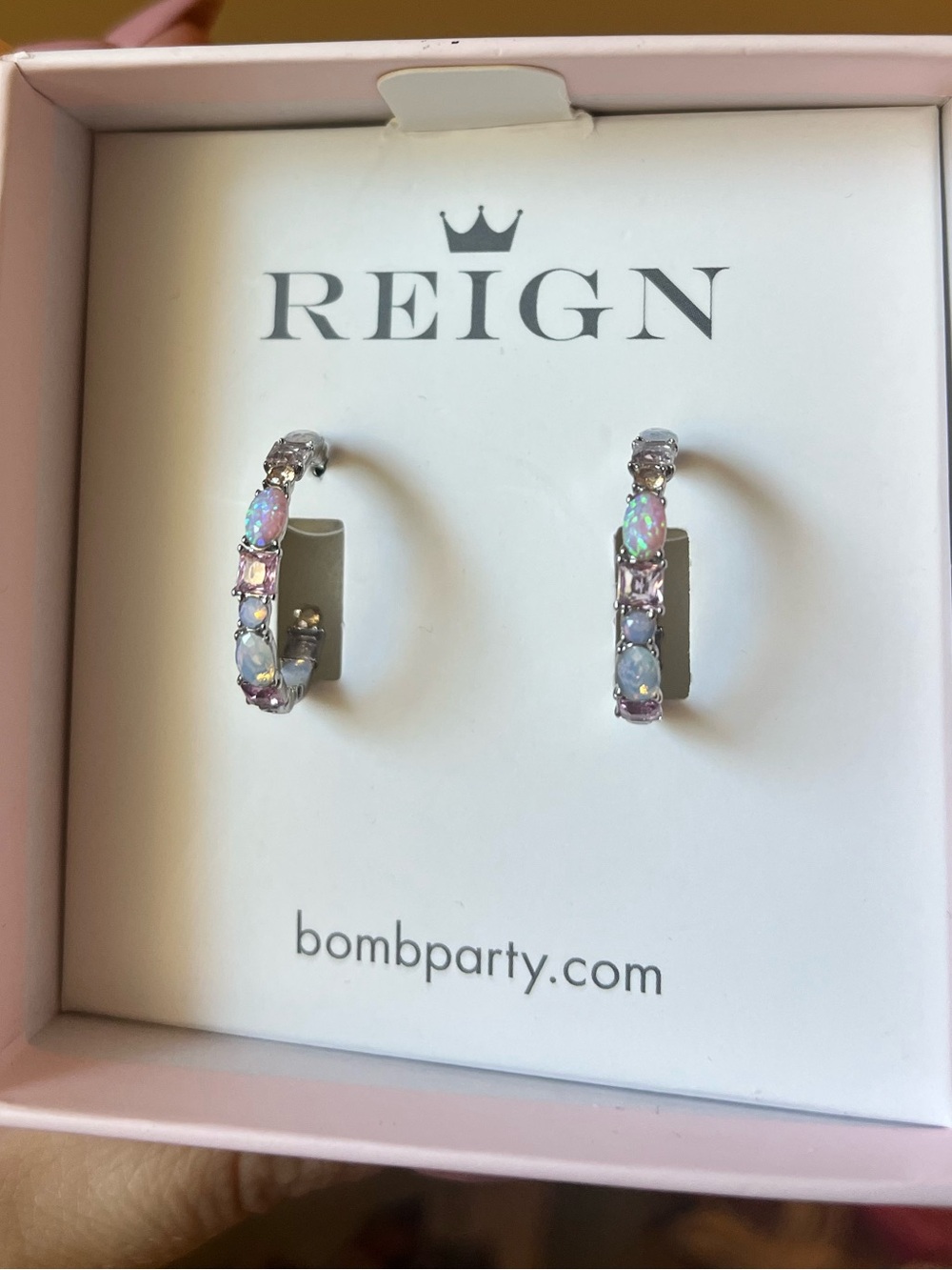 Bomb Party REIGN Princess Pink Opal silver Hoop Earrings
